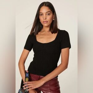 STAUD Black Ribbed Scoop Neck Knit Top
